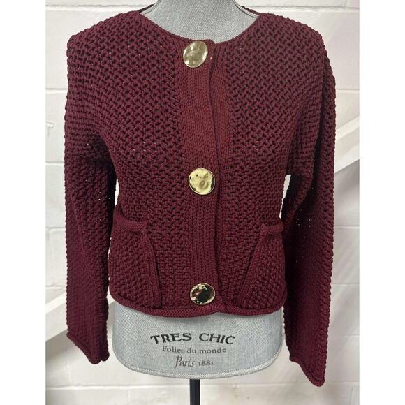 Zara Chunky Knit Cardigan Sweater Women’s Small Burgundy Long Sleeve Gold Button - Picture 1 of 10